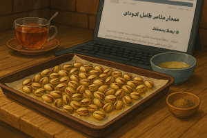پسته‌های خام طعم‌دارشده با زعفران و نمک، چیده‌شده روی سینی فر با کاغذ روغنی، آماده برای بو دادن در آشپزخانه خانگی 